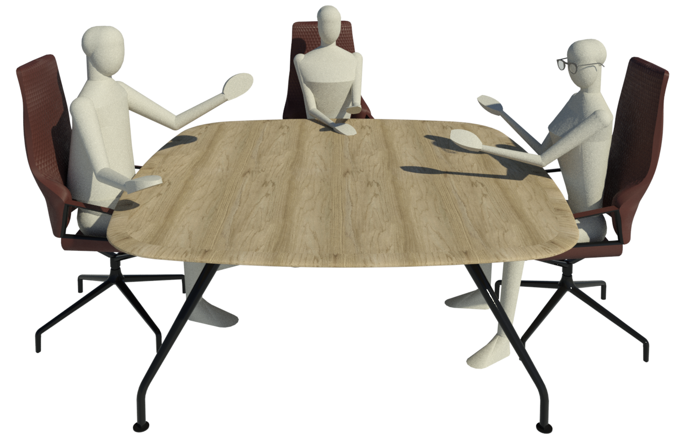 Revit render of Graph square table mockup with chairs and Andy rendered mannequins sitting down.